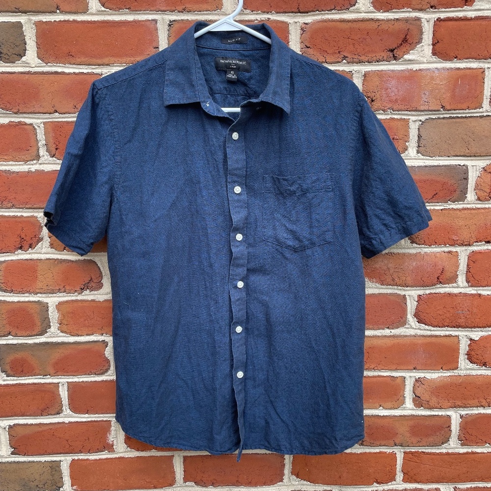 J Crew Navy Linen Short Sleeve Button Up